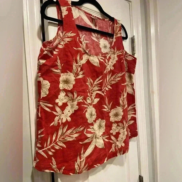 Kiko 100% Linen Pink Floral Round Neck Thick Strap Tank Top Hibiscus Size L - Picture 5 of 9